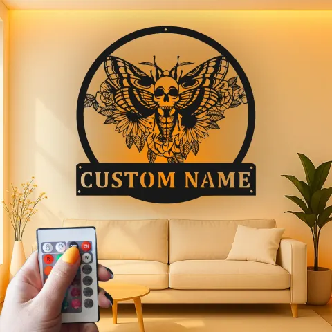 Vue alternative de Décoration murale en métal personnalisée avec papillon et crâne et rétroéclairage LED - Cadeau gothique personnalisé unique pour la décoration de salon