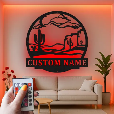 Personalisierte LED-Metall-Wandkunst mit Wüstenlandschaft – Geschenk für Naturliebhaber, für Wohnzimmer oder Terrassendeko alternative Ansicht