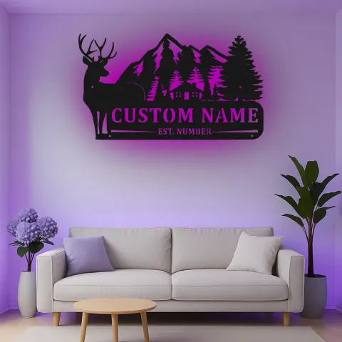 Vue alternative de Décoration murale en métal personnalisée avec scène de montagne et cerf - Cadeau de cabane rustique - Décor de chalet