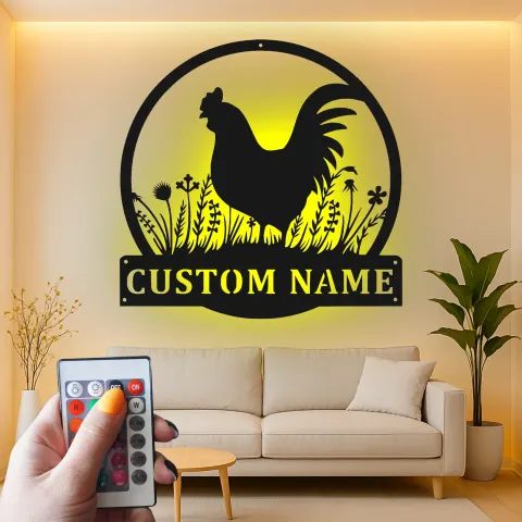 Personalized Rooster Metal Sign with LED | Custom Farmhouse Wall Art | Rustic Kitchen & Coop Decor | Chicken Lover Gift alternate view