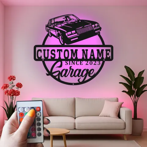 Vue alternative de Décoration murale en métal personnalisée de voiture classique avec rétroéclairage LED - Cadeau de garage pour passionnés de voitures