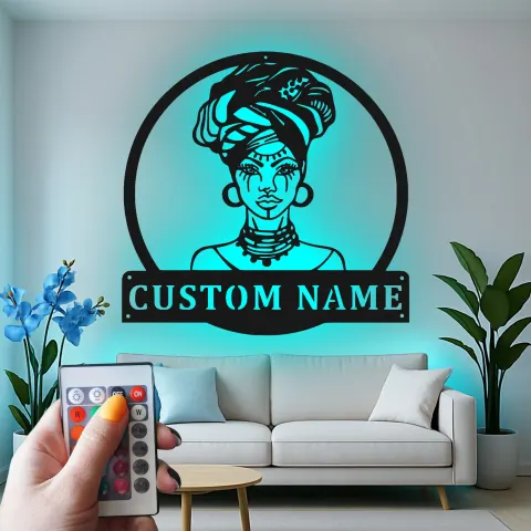 Vista alternativa de Cartel de metal LED personalizado con silueta de mujer africana, regalo único para ella, decoración de sala de estar o dormitorio