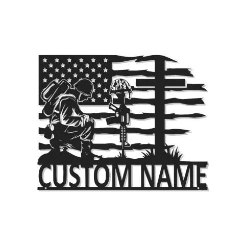 Metallschild mit kniendem Soldaten | Personalisierte Militär-Gedenkwandkunst | LED-beleuchtetes Geschenk zur Veteranen-Ehrung