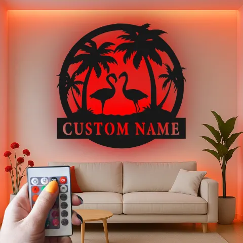 Custom Flamingo LED Sign | Personalized Tropical Metal Art | Beach House Name Decor | Wall Art for Couples alternate view