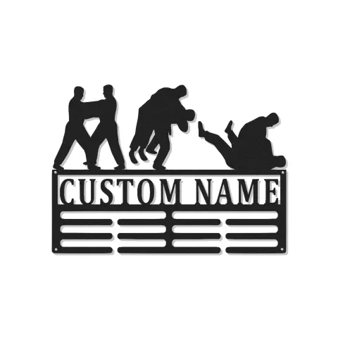 Arte murale in metallo BJJ Personalizzata | Supporto per medaglie di arti marziali LED | Decorazione per palestra Jiu Jitsu personalizzata | Regalo per grappling