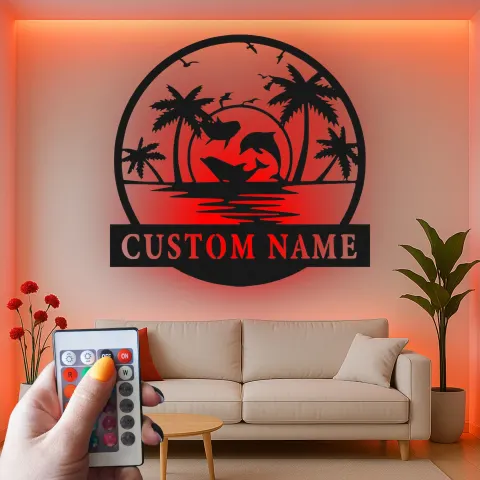 Vista alternativa de Cartel de metal personalizado con escena oceánica y luz LED, regalo para amantes de la playa, decoración tropical para la sala de estar