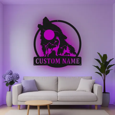 Personalisierte Wolf Heulende LED Licht Metall Wandkunst Geschenk für Naturfreunde Rustikales Cabin Dekor alternative Ansicht