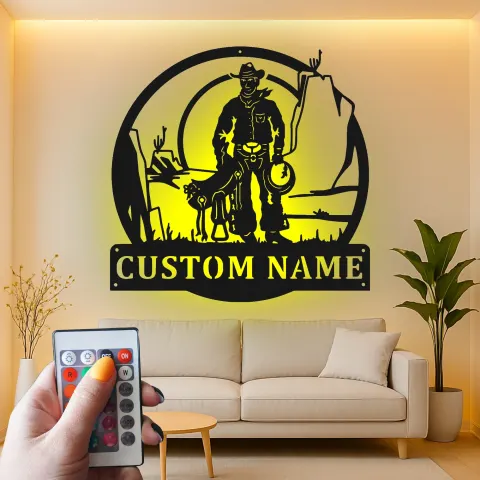 Vista alternativa de Cartel de metal personalizado con luz LED de vaquero y perro, regalo western para él, decoración rústica para el salón