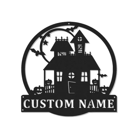 Insegna LED Casa Stregata | Decorazione murale in metallo personalizzata | Decor Halloween gotico spettrale | Targa personalizzata con cognome