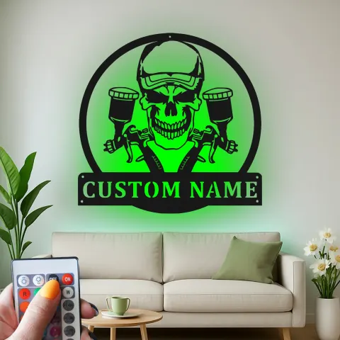 Vue alternative de Panneau de Garage Crâne Personnalisé | Décoration Murale en Métal LED Personnalisée | Décor de Atelier de Peinture & Cadeau pour Artiste Airbrush