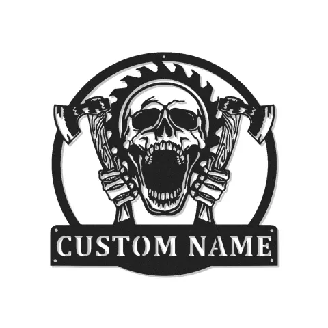 Panneau LED Personnalisé Crâne & Haches | Décor Gothique pour Man Cave | Art Murale d'Horreur Personnalisé | Cadeau Garage pour Lui