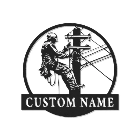 Arte mural LED de metal para liniero | Cartel personalizado con nombre para electricista | Regalo personalizado para trabajador de servicios públicos | Decoración industrial para oficina y garaje