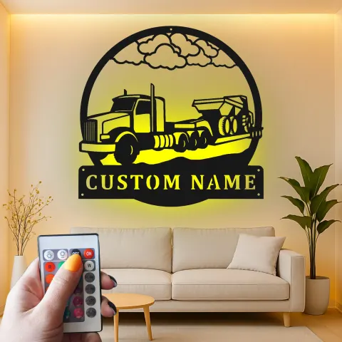 Custom Semi Truck and Trailer Led Light Metal Wall Art Personalized Gift for Truckers Garage or Man Cave Decor alternate view