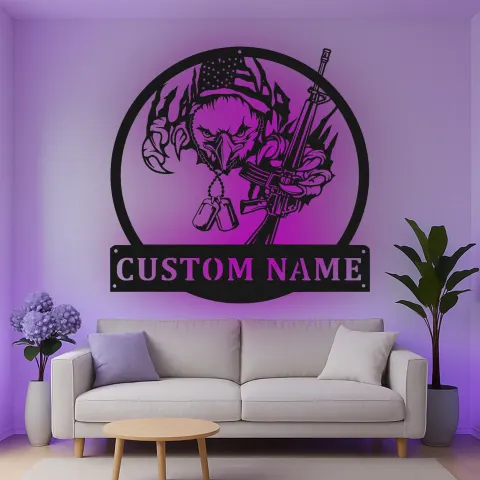Vue alternative de Décoration murale en métal LED personnalisée avec aigle et fusil - Cadeau patriotique pour les vétérans, décor pour man cave militaire