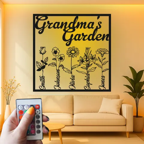Vista alternativa di Insegna personalizzata per il giardino della nonna | Arte murale in metallo su misura con luci LED | Decorazione con nomi di famiglia | Regalo per la nonna