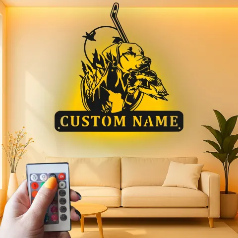 Vue alternative de Panneau de chasse personnalisé Labrador | Décoration murale en métal LED pour papa chasseur | Décor de chien canard personnalisé | Art de man cave et de chalet