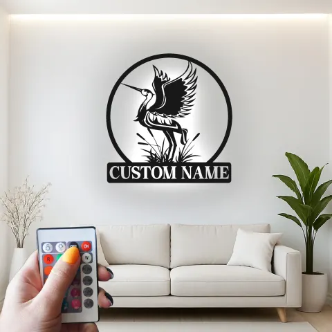 Vue alternative de Plaque héron personnalisée | Décoration murale en métal LED personnalisée | Décor nature pour maison de lac et bureau | Cadeau pour amoureux de la faune