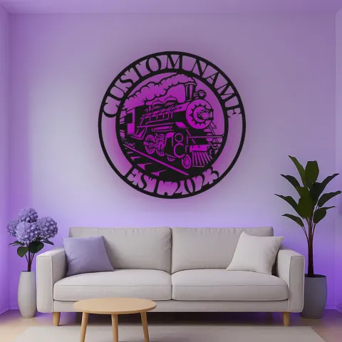 Personalisierte LED-Beleuchtung Metall-Wandkunst für Dampflokomotive – Geschenk für Eisenbahnliebhaber alternative Ansicht