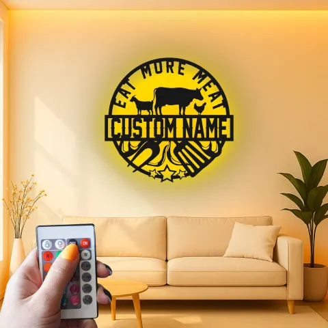 Custom Eat More Meat Led Light Metal Wall Art BBQ Lover Gift Outdoor Kitchen or Grill Area Decor alternate view