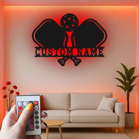 Vista alternativa de Cartel LED de metal personalizado de pickleball | Decoración mural con nombre a medida | Decoración para sala de juegos y regalo para bar deportivo