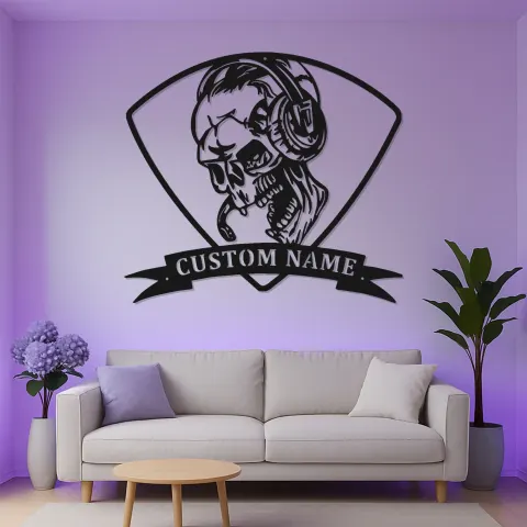 Vista alternativa de Arte mural LED de metal con calavera gamer | Cartel personalizado con nombre para sala gaming | Decoración RGB retroiluminada a medida | Regalo para gamers