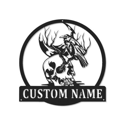 Plaque LED gothique corbeau et crâne | Décoration murale en métal personnalisée | Cadeau personnalisé pour fan d’horreur et déco de repaire