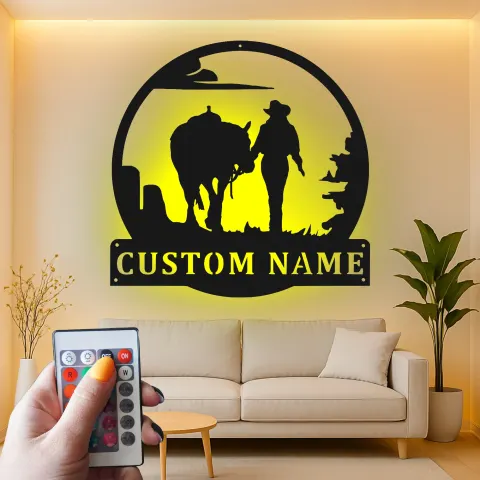 Personalisierte Cowboy-und-Pferd-Metall-Wandkunst mit LED-Licht – Western-Geschenk für Ihn, rustikale Ranch-Deko alternative Ansicht