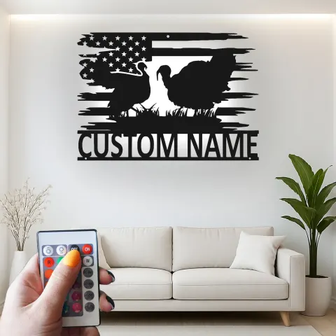 Vista alternativa de Cartel de metal LED personalizado de pavo y bandera americana, regalo rústico para el hogar