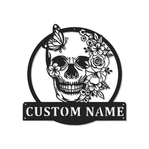 Floral Skull LED Metal Sign | Personalized Gothic Wall Art | Custom Name Decor for Bedroom, Studio & Living Room