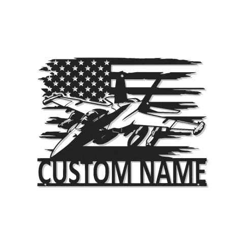Insegna in metallo personalizzata con jet da combattimento | Arte murale LED personalizzata per pilota | Decorazione per sala hobby militare con bandiera USA