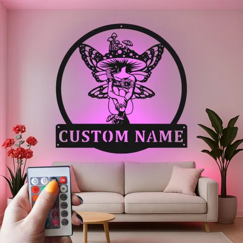 Vue alternative de Plaque prénom fée personnalisée | Décoration murale en métal LED | Déco champignon mystique pour chambre | Cadeau personnalisé pour amoureuse des fées