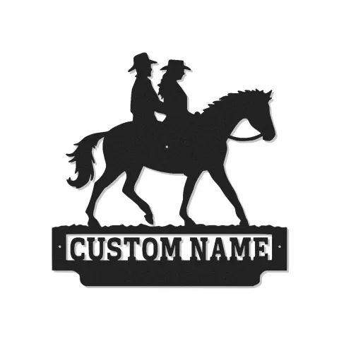 Insegna personalizzata per coppia a cavallo | Arte murale in metallo LED per la casa | Regalo di decorazione western personalizzata per amanti dei cavalli