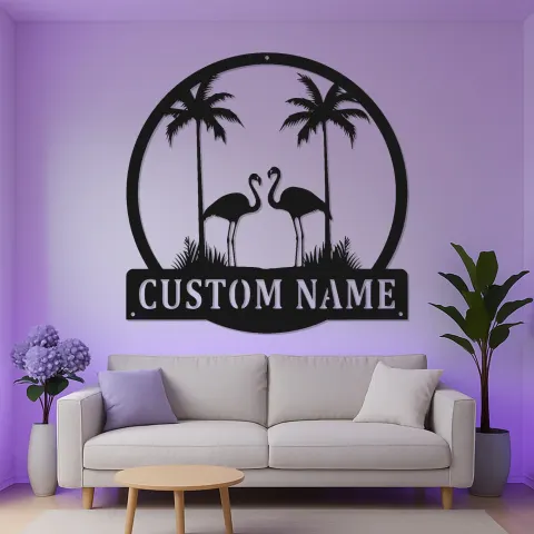 Vista alternativa de Cartel de metal de flamenco personalizado | Arte mural LED de palmera | Decoración de casa de playa y regalo para patio exterior