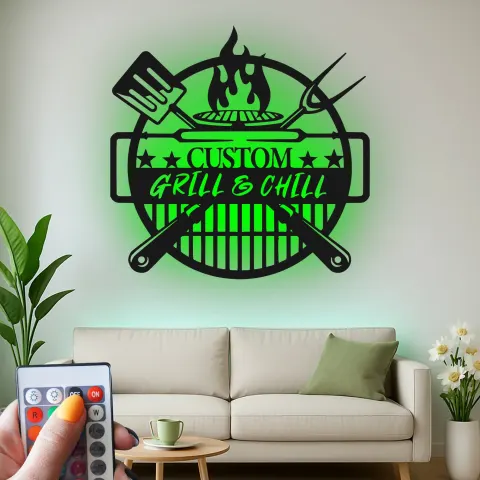 Custom Grill & Chill LED Metal Sign | BBQ Patio Wall Decor | Outdoor Kitchen Art | Personalized Gift for Grill Master Dad alternate view