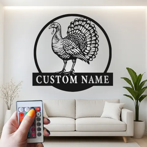 Vue alternative de Décoration murale en métal LED personnalisée avec dinde - Cadeau de Thanksgiving, décoration pour cuisine ou salle à manger