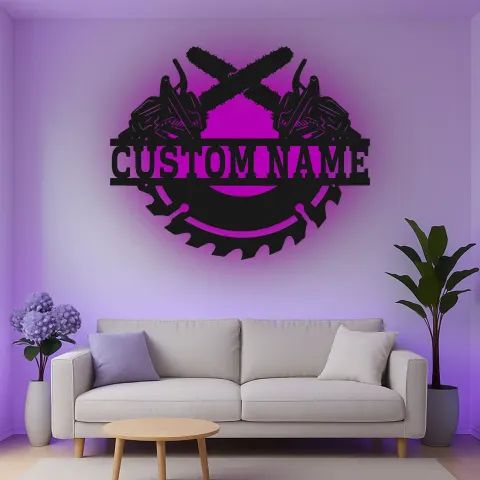 Vue alternative de Décoration murale en métal personnalisée avec lumière LED en forme de tronçonneuse et de lame de scie - Cadeau personnalisé pour les artisans