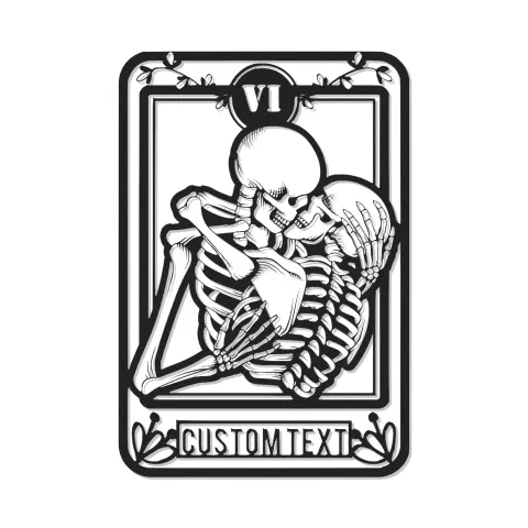 Insegna Gothic Skeleton Lovers Tarot Card | Insegna in metallo LED personalizzata | Decorazione romantica con teschi per coppia | Regalo anniversario personalizzato