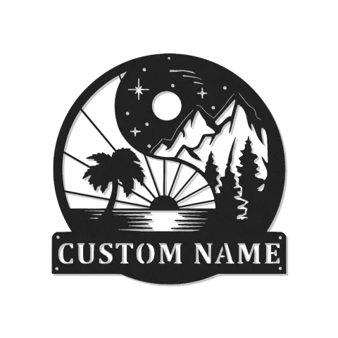 Personalisierte Yin Yang Metall-Schild | LED Bergstrand-Kunst | Individuelle Namensdekoration für Zuhause & Geschäft