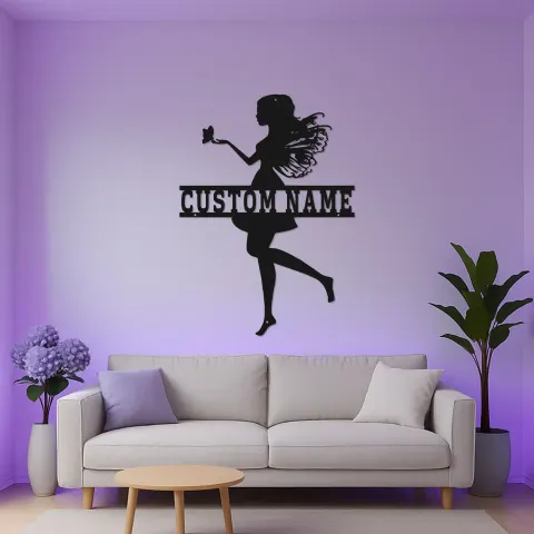 Vue alternative de Panneau prénom de fée personnalisé avec LED | Décoration murale en métal personnalisée pour chambre de fille | Décor de nursery féerique | Suspension murale poétique