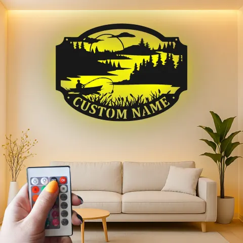 Personalisierte Angelschild mit LED-Lichtern | Individuelle Namens-Metall-Wandkunst | Fischer Ferienhaus & Hütten-Dekor | Geschenk für Outdoor-Liebhaber alternative Ansicht