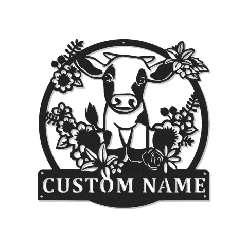 Décoration murale en métal personnalisée avec vache et fleurs en rétroéclairage - Cadeau de ferme personnalisé - Décor de cuisine rustique