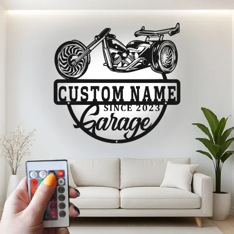 Personalisierte Chopper Motorrad LED Schild | Metall Dekoration für die Garage | Beleuchtete Biker Wandkunst | Einzigartiges Geschenk zum Vatertag alternative Ansicht