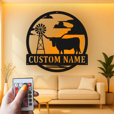 Texas Longhorn Metal Sign | Custom LED Wall Art for Modern Farmhouse Decor | Personalized Rancher & Cowboy Gift alternate view