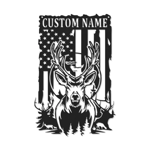 Insegna in metallo LED personalizzata con cervo e bandiera americana - Regalo per cacciatori per lui, decorazione rustica per cabin