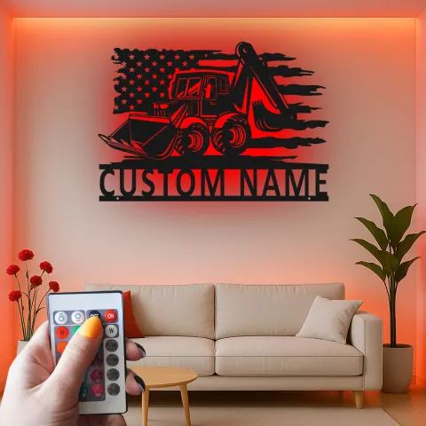 Bagger-LED-Metallwandkunst | Personalisierte Bau-Schild | Dekoration für schwere Maschinen in der Garage | Patriotisches Geschenk für Bauunternehmer alternative Ansicht