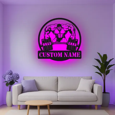Vista alternativa di Insegna in metallo personalizzata con luce LED Bodybuilder regalo per appassionati di fitness decorazione per palestra