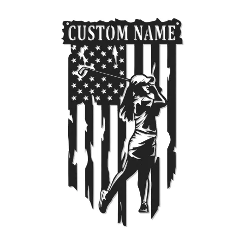 Insegna da golf personalizzata con LED | Insegna in metallo personalizzata per golfista | Decorazione con bandiera USA per ufficio, casa e man cave