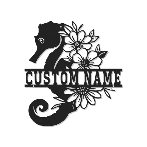 Insegna con Nome Personalizzata Cavalluccio Marino | Arte Floreale in Metallo con LED | Decorazione Oceano per Casa al Mare | Regalo Nautico Personalizzato