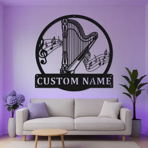 Personalized Harp LED Sign | Custom Metal Wall Art | Musician Gift & Music Room Decor | Luminous Instrument Accent alternate view
