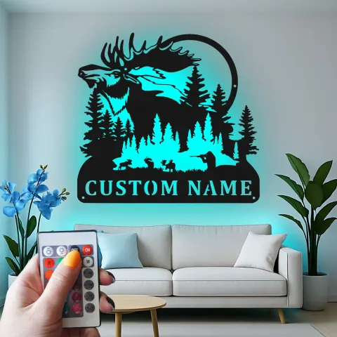 Personalisierte Elch-Metallschild | LED-beleuchtete Wandkunst für Hütten- & Lodge-Dekor | Individuelle Jäger-Namensplakette alternative Ansicht